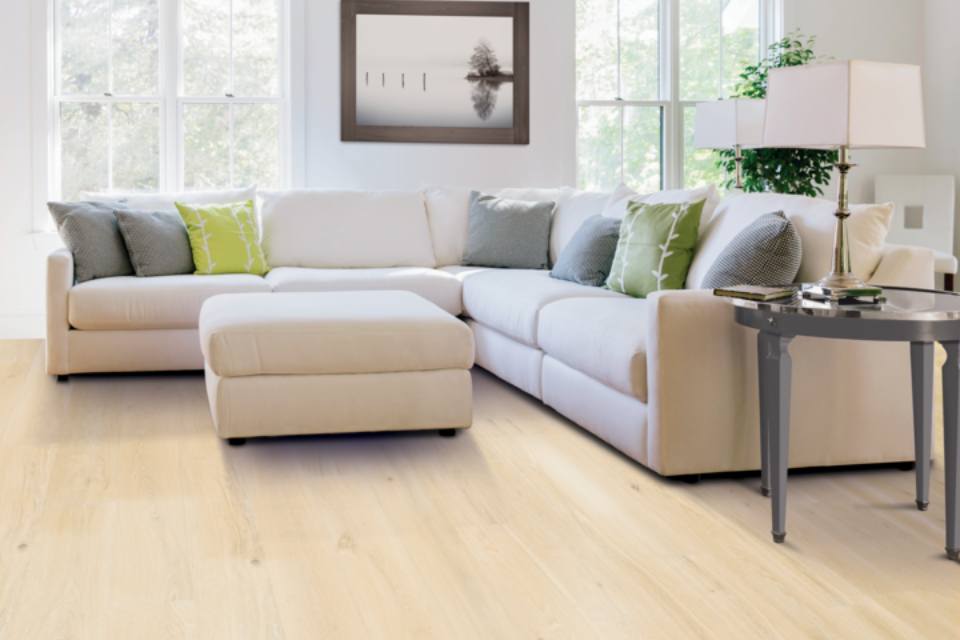 Lime Cream accent pillows on cream couch in living room with light hardwood flooring.